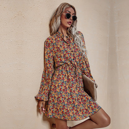 V-Neck High Waist Lace Floral Chiffon Dress Elegant