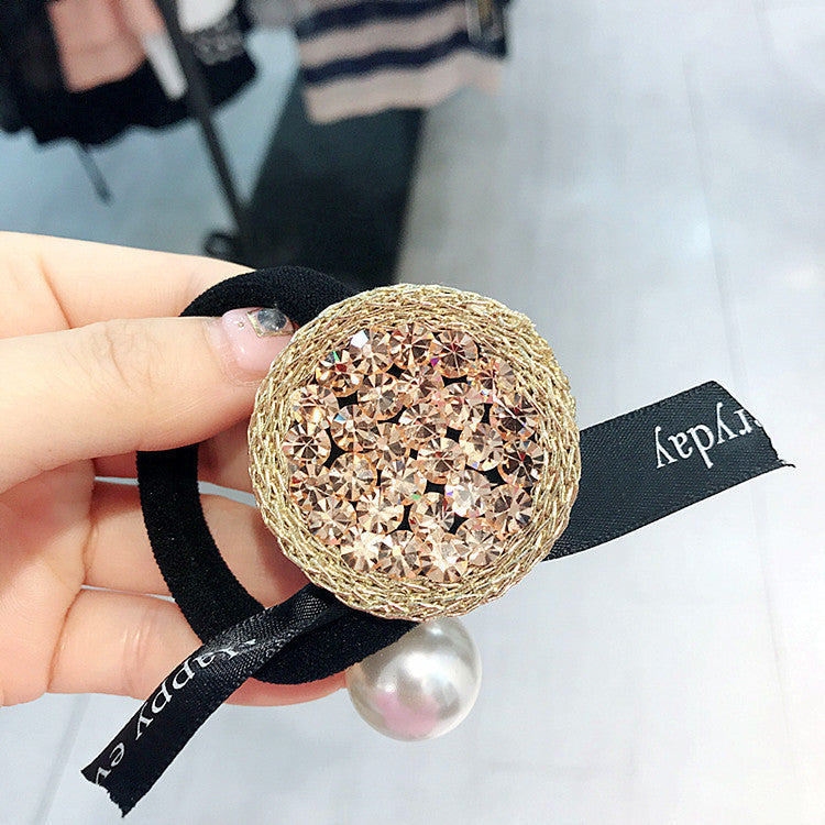Round Rhinestone Pearl Hair Tie