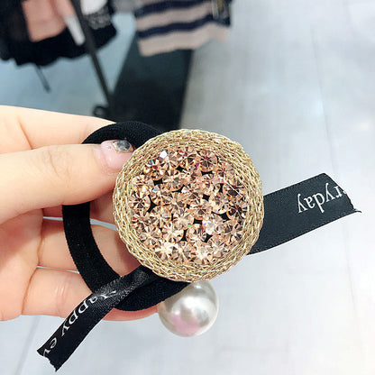 Round Rhinestone Pearl Hair Tie