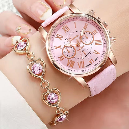 Simple Belt Watch & Love Jewelry Gift Set  legant
