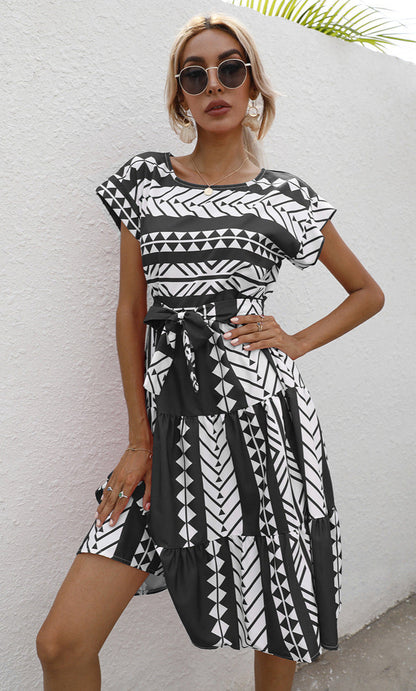 Round Neck Short Sleeve Dress One-Piece
