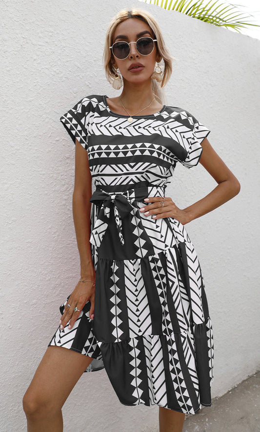 Round Neck Short Sleeve Dress One-Piece