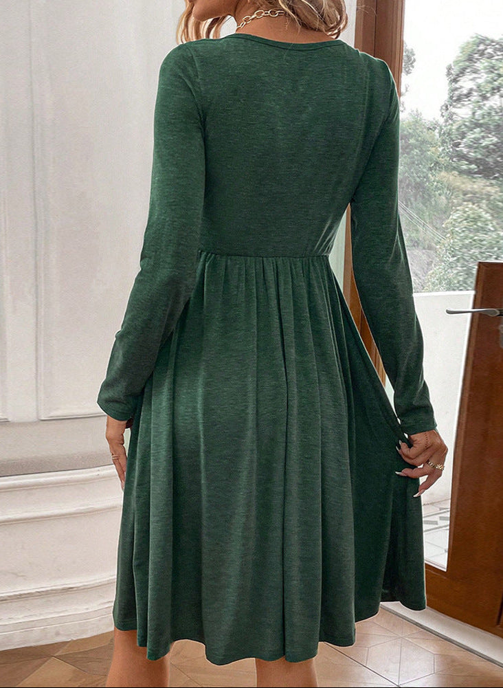 Knitted Long-Sleeve Dress Waist-Tight Round Neck with Button Pocket