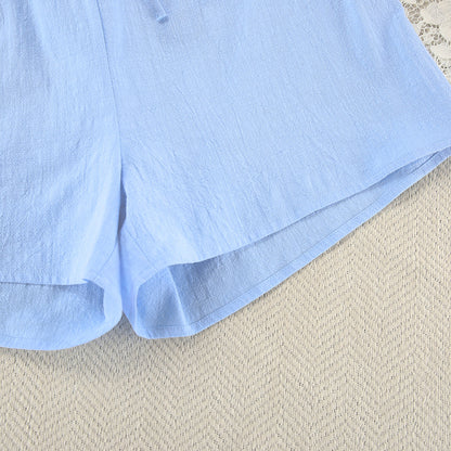 Cotton Loungewear Set Long Sleeve Cardigan with Lace-Up Shorts