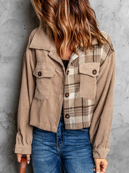 Plaid Corduroy Dropped Shoulder Jacket