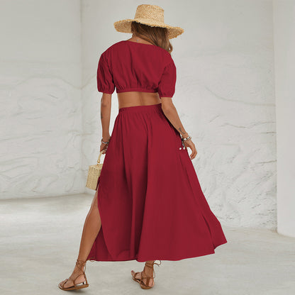Two-Piece Outfit Solid Midi Skirt Fashion Set