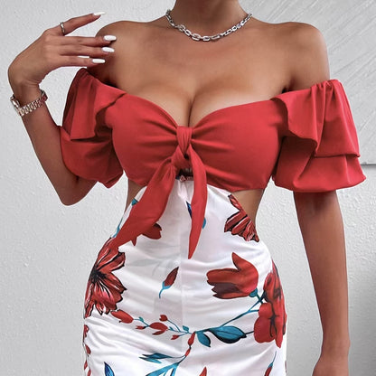 Floral Print Off-Shoulder Jumpsuit Knot