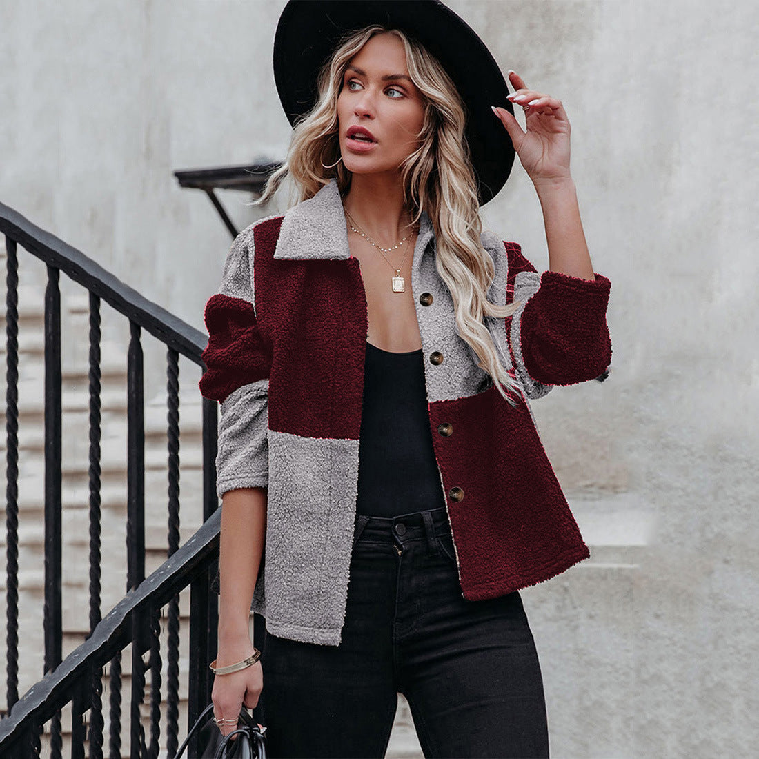 Lapel Contrast Paneled Long Sleeve Woolen Jacket