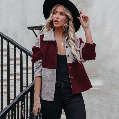 Lapel Contrast Paneled Long Sleeve Woolen Jacket
