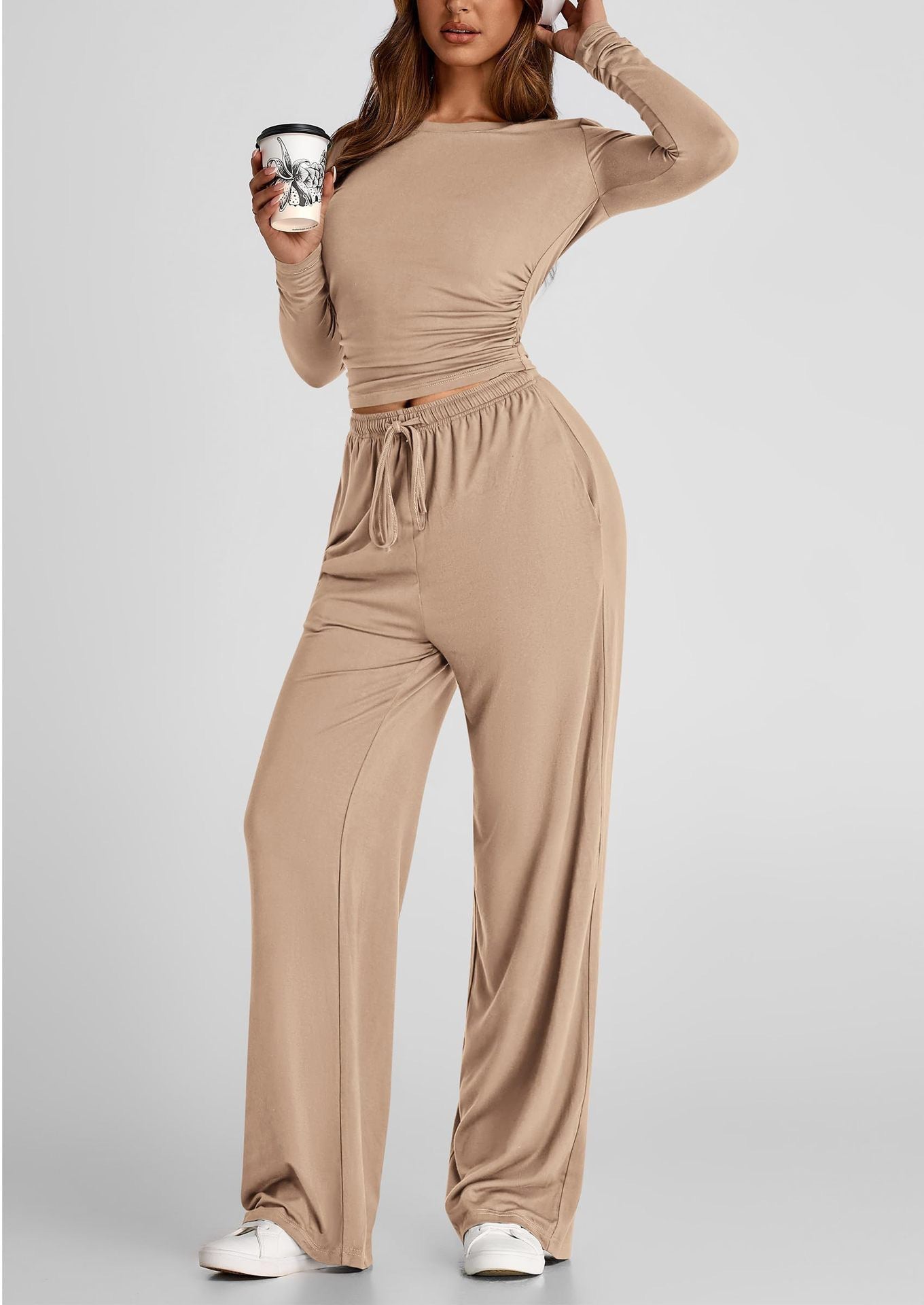2-Piece Suit Long Sleeve Top & High-Waist Wide Leg Pants Solid