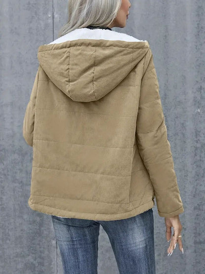 Fleece-Lined Hooded Coat – Winter Preppy Long Sleeve Jacket with Pockets