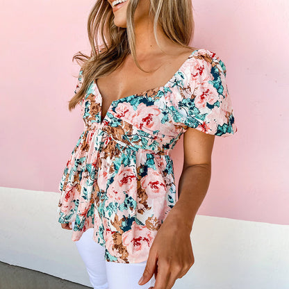 Floral V-neck Short-sleeved Large Swing Ladies Top