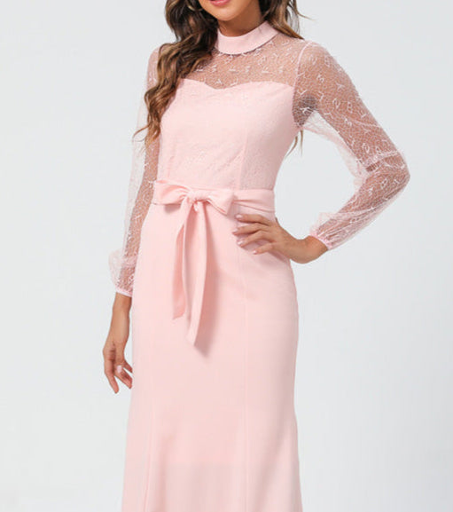 Lace Long Sleeve Dress Round Neck Tie