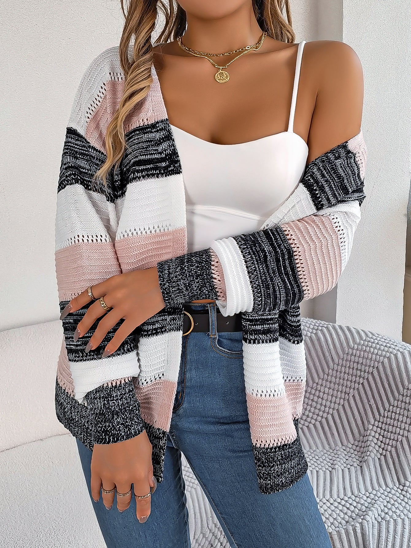 Casual Hollow Knit Contrast Color Striped Lantern Sleeve Sweater