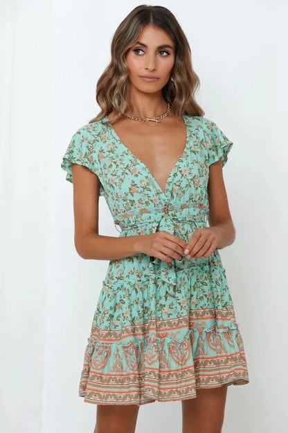 V-Neck Printed Dress Summer Floral Dress