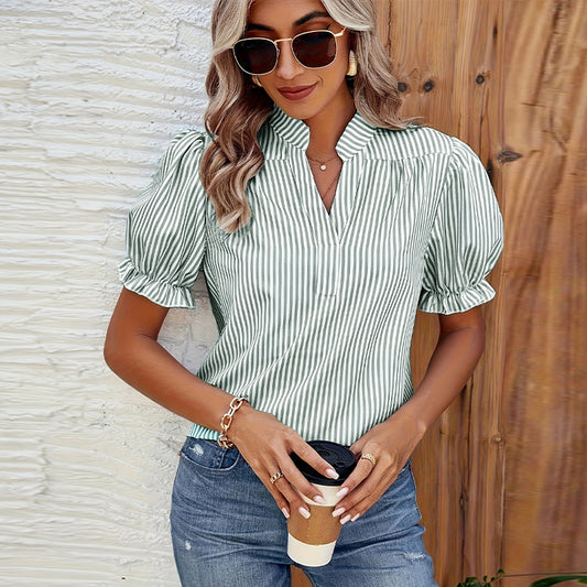 Striped Shirt Lantern Short Sleeve Pullover Top