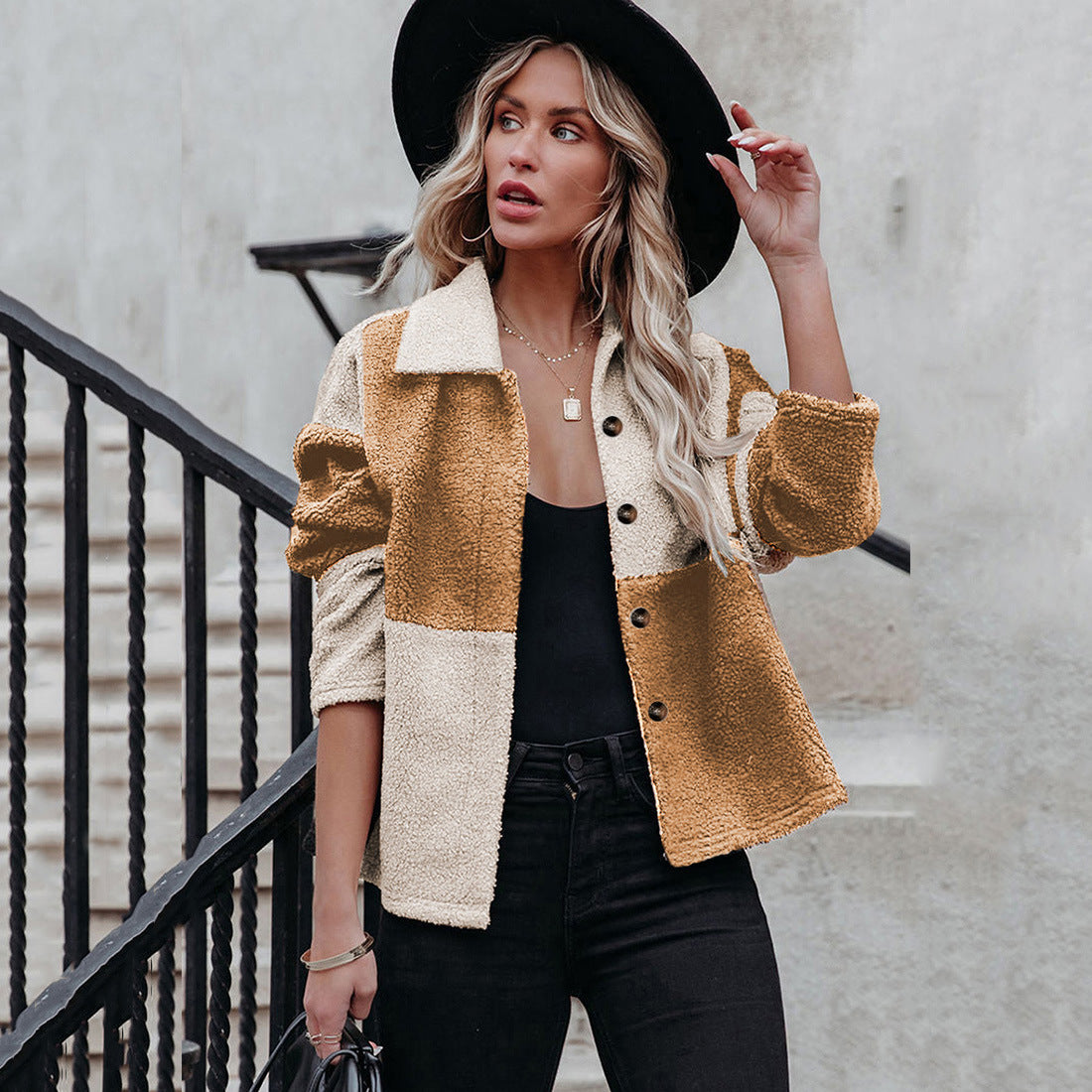 Lapel Contrast Paneled Long Sleeve Woolen Jacket