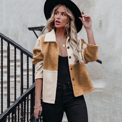 Lapel Contrast Paneled Long Sleeve Woolen Jacket