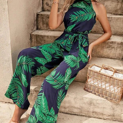 Round Neck Sleeveless Jumpsuit Tied High Waist Wide Leg Romper