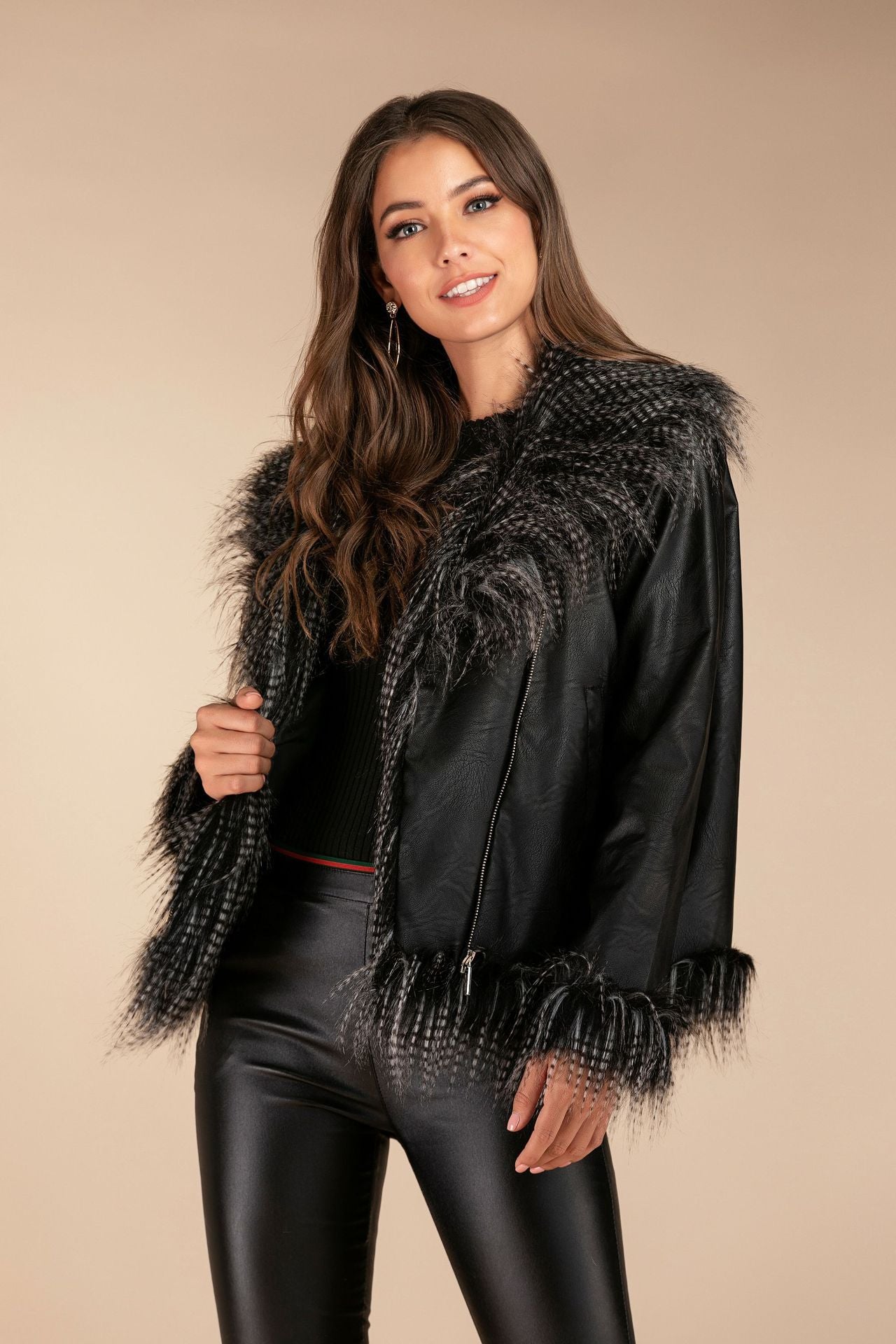 Sheepskin Leather Jacket with Raccoon Fur Collar Luxury