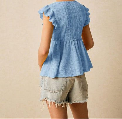 Hollowed-Out V-Neck Lace Top Ruffled Short Sleeve