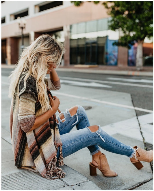 Plus Size Long Sleeve SweaterFringe Detail Long Knit