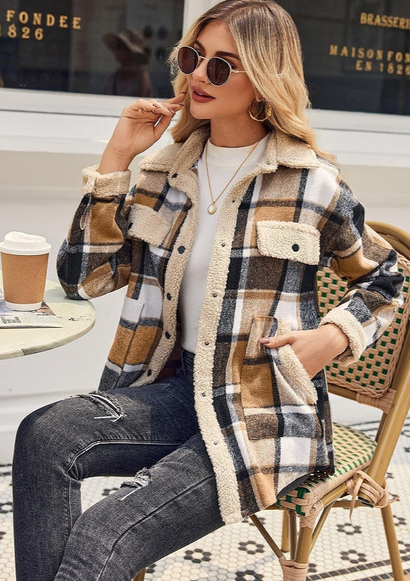 Plaid Velvet Jacket Polo Collar