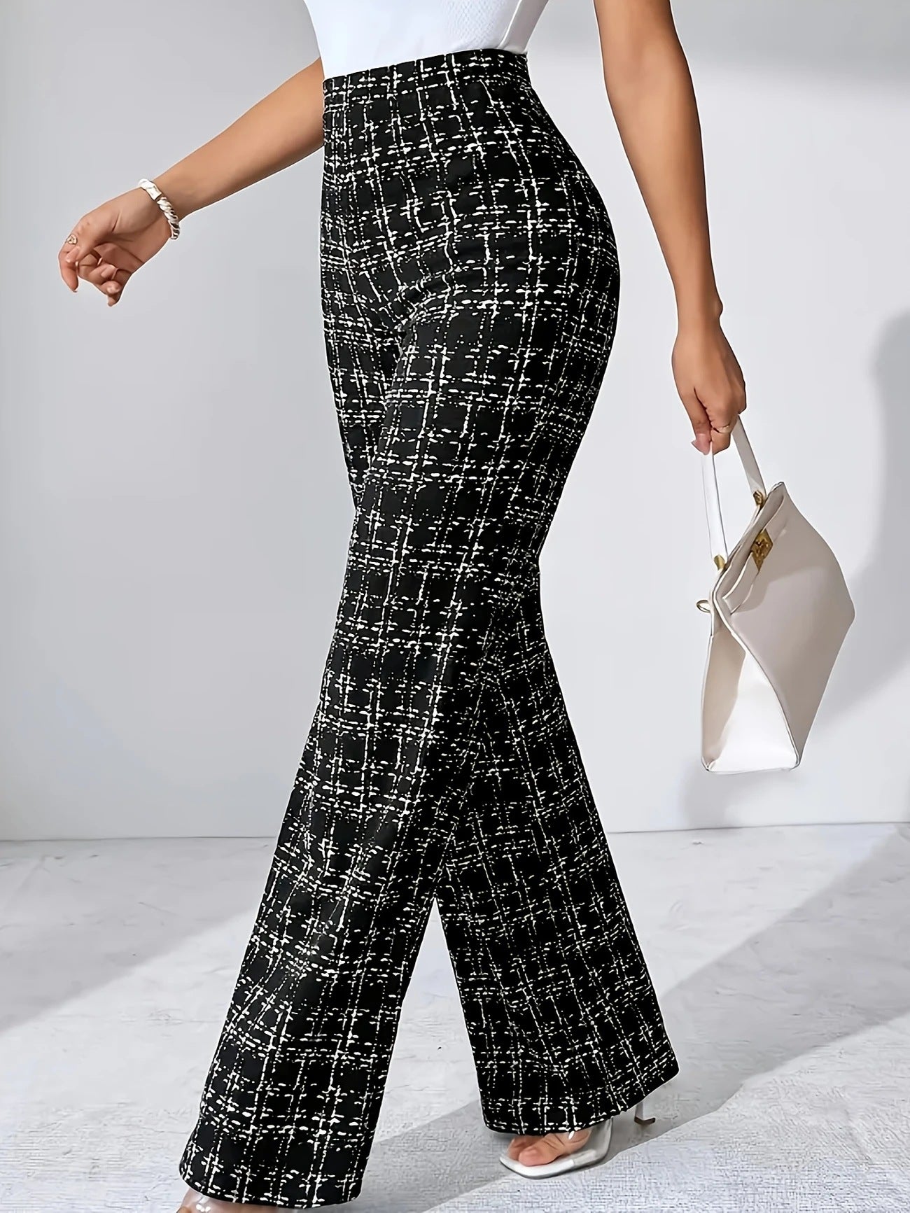 High Waist Woven Plaid Pants Straight Leg Trousers