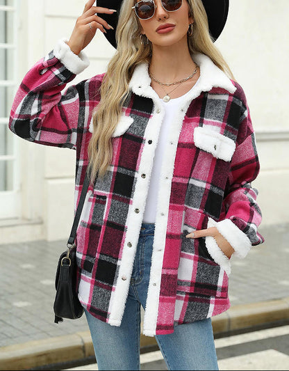 Plaid Velvet Jacket Polo Collar