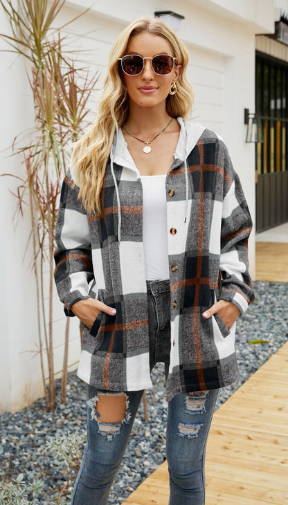 Plaid Hooded Coat Casual Loose Shirt Jacket