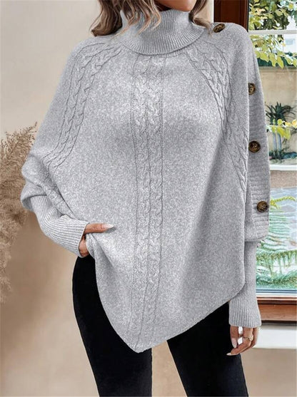 Turtleneck Batwing Shirt Long Sleeve Top with Decorative Buttons