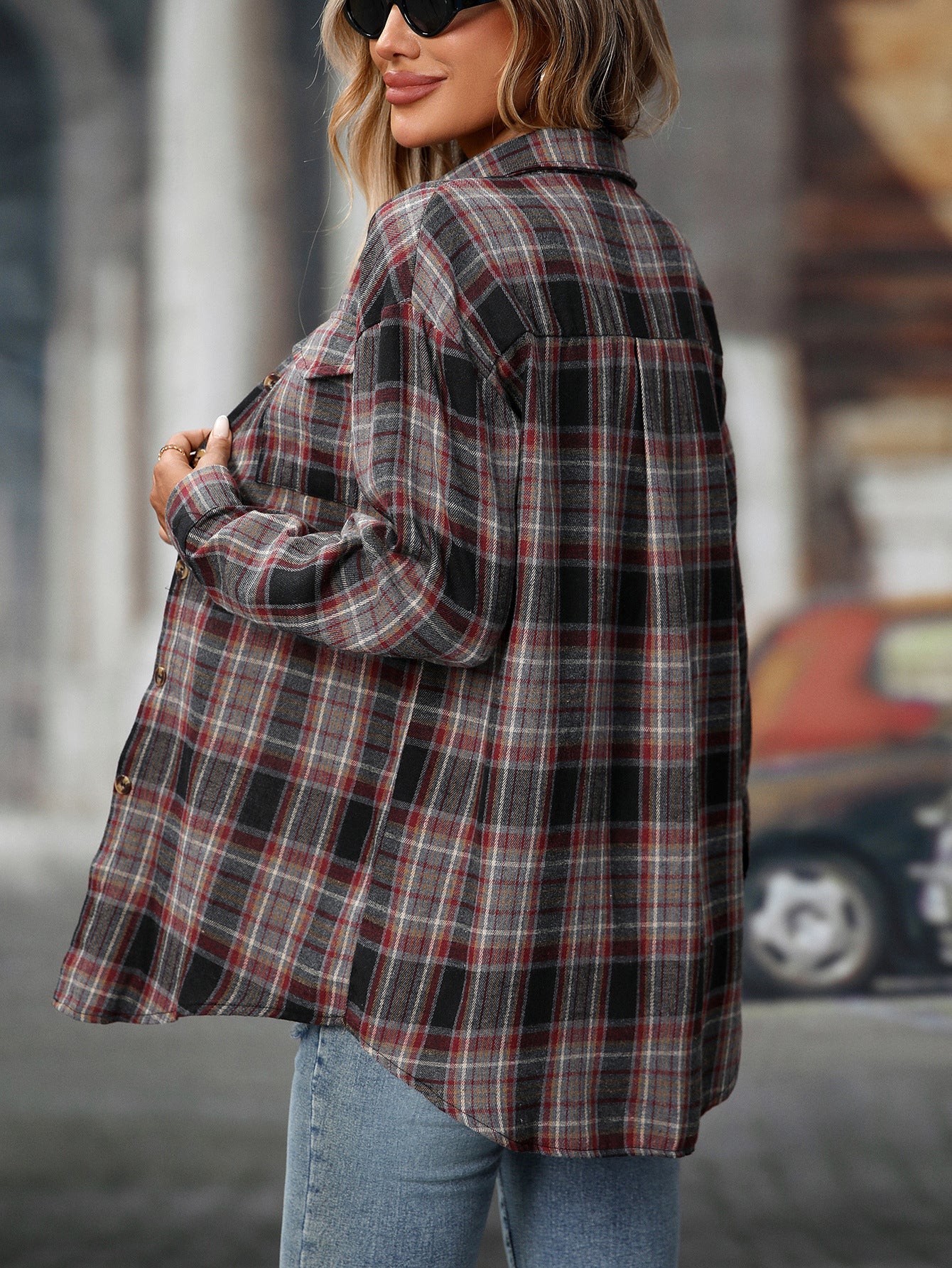 Loose Plaid Shirt Pocket Button