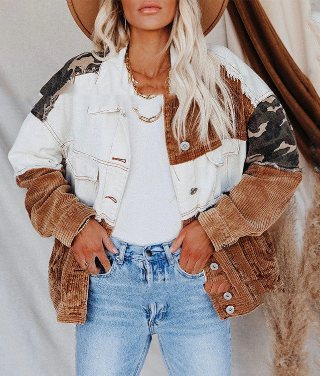 Lapel Retro Camouflage Corduroy Jacket Zip-Up