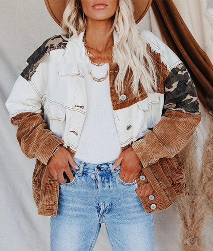 Lapel Retro Camouflage Corduroy Jacket Zip-Up