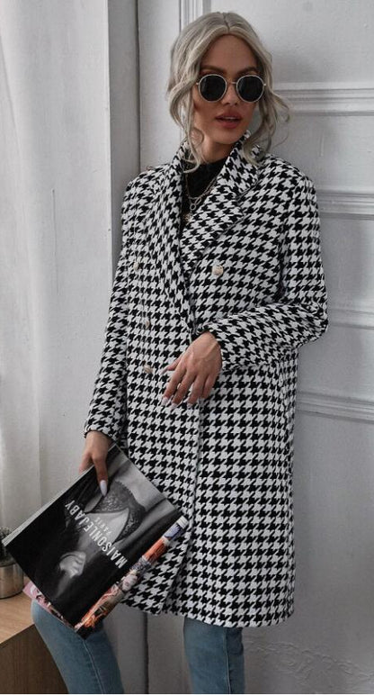 Mid-Length Houndstooth Double-Breasted Printed Jacket