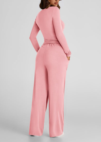 2-Piece Suit Long Sleeve Top & High-Waist Wide Leg Pants Solid