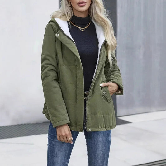 Fleece-Lined Hooded Coat – Winter Preppy Long Sleeve Jacket with Pockets