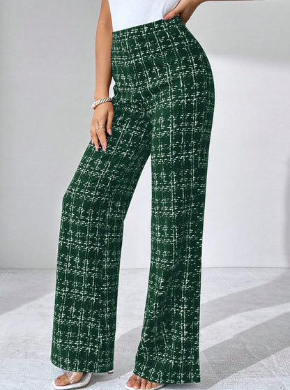 High Waist Woven Plaid Pants Straight Leg Trousers