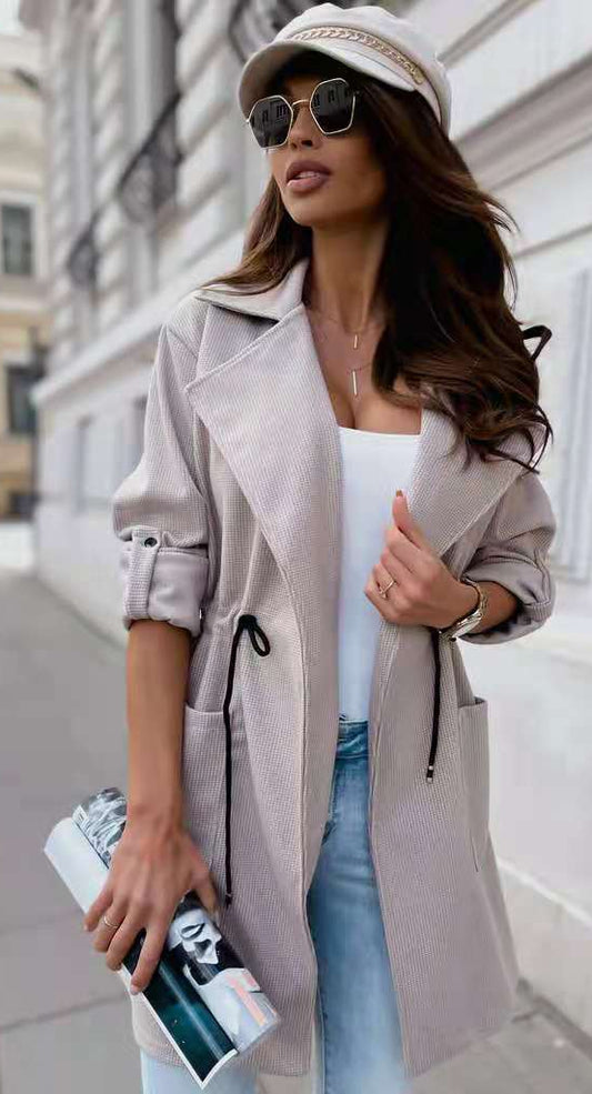 Suit Collar Mid-Length Trench Coat Drawstring Waist