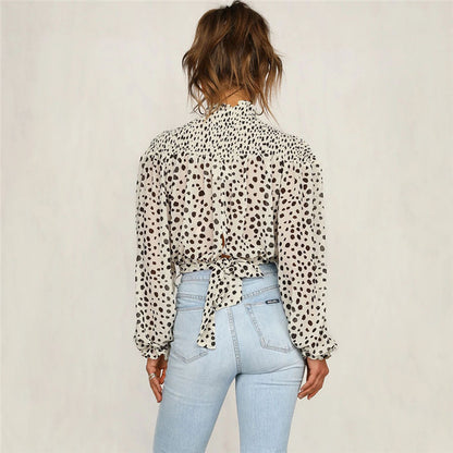 Polka Dot Chiffon Blouse – Tie Back High Neck Top