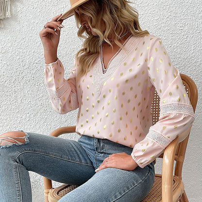 Polka Dot Blouse Hollow Lace Long Sleeve V-Neck