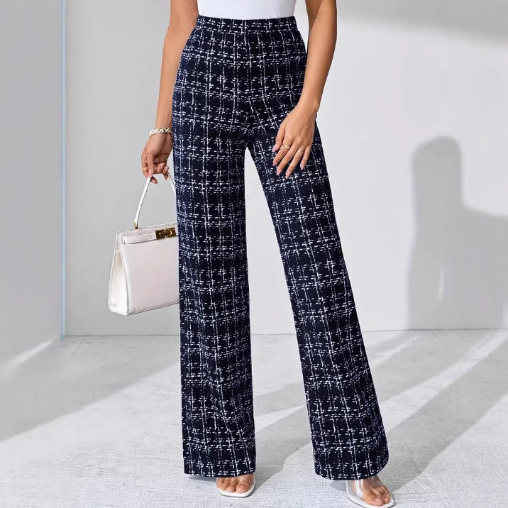 High Waist Woven Plaid Pants Straight Leg Trousers