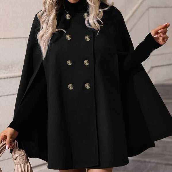 Solid Color Cloak Trench Coat Double Breasted Batwing Sleeve Long Coat with Slit