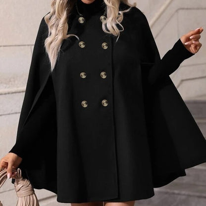 Solid Color Cloak Trench Coat Double Breasted Batwing Sleeve Long Coat with Slit
