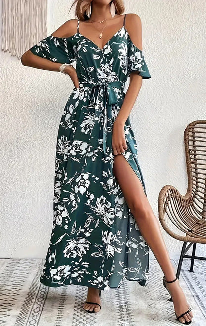 Flower Print Split Suspender Dress Lace-Up Long