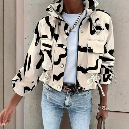 Stand Collar Long Sleeve Jacket Button & Zipper Short Coat with Pockets
