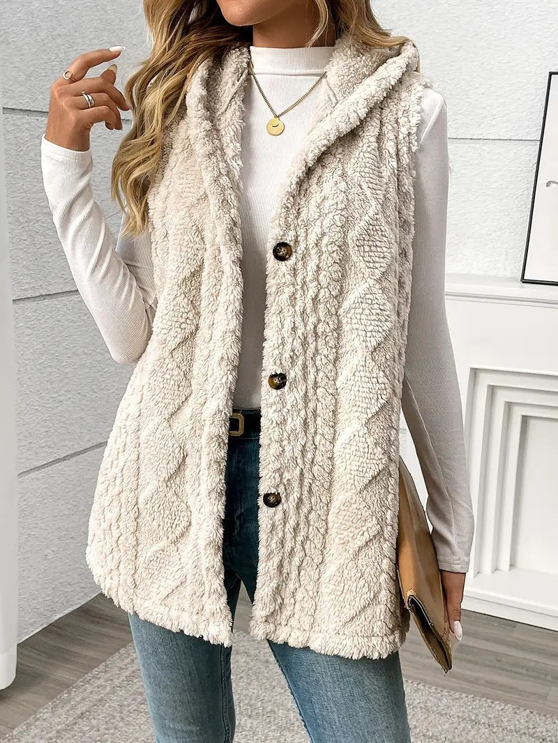 Double-Sided Plush Hooded Cardigan Button Front Casual