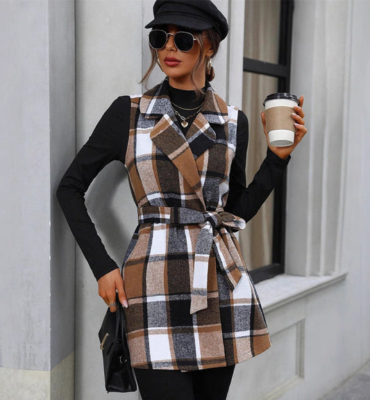Sleeveless Plaid Vest Lace-Up Waist-Controlled