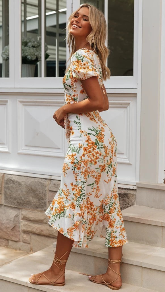 V-Neck High Waist Dress Irregular Hem with Button Detail