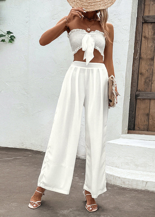 Ruffled Vest & Long Wide Trousers  Set Sleeveless Midriff Two-Piece